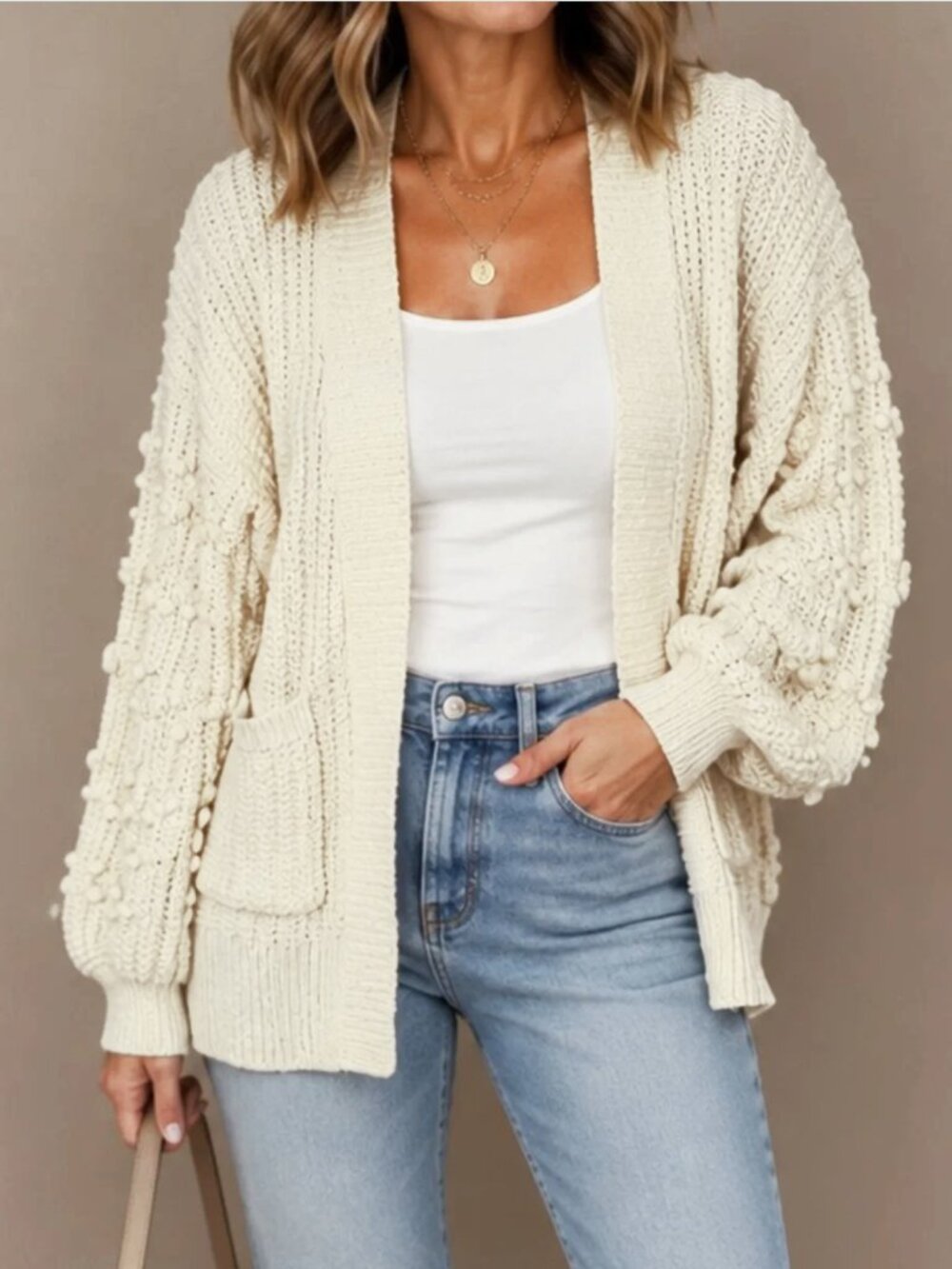 Madwell - Oversized Shaylene Bobble Detail Balloon Sleeve Cardigan - XL